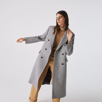 Lacoste Double-Breasted Chevron Long Wool Blend Coat Dámské - Kabáty Bílé / Šedé | CZ-WnEoLg